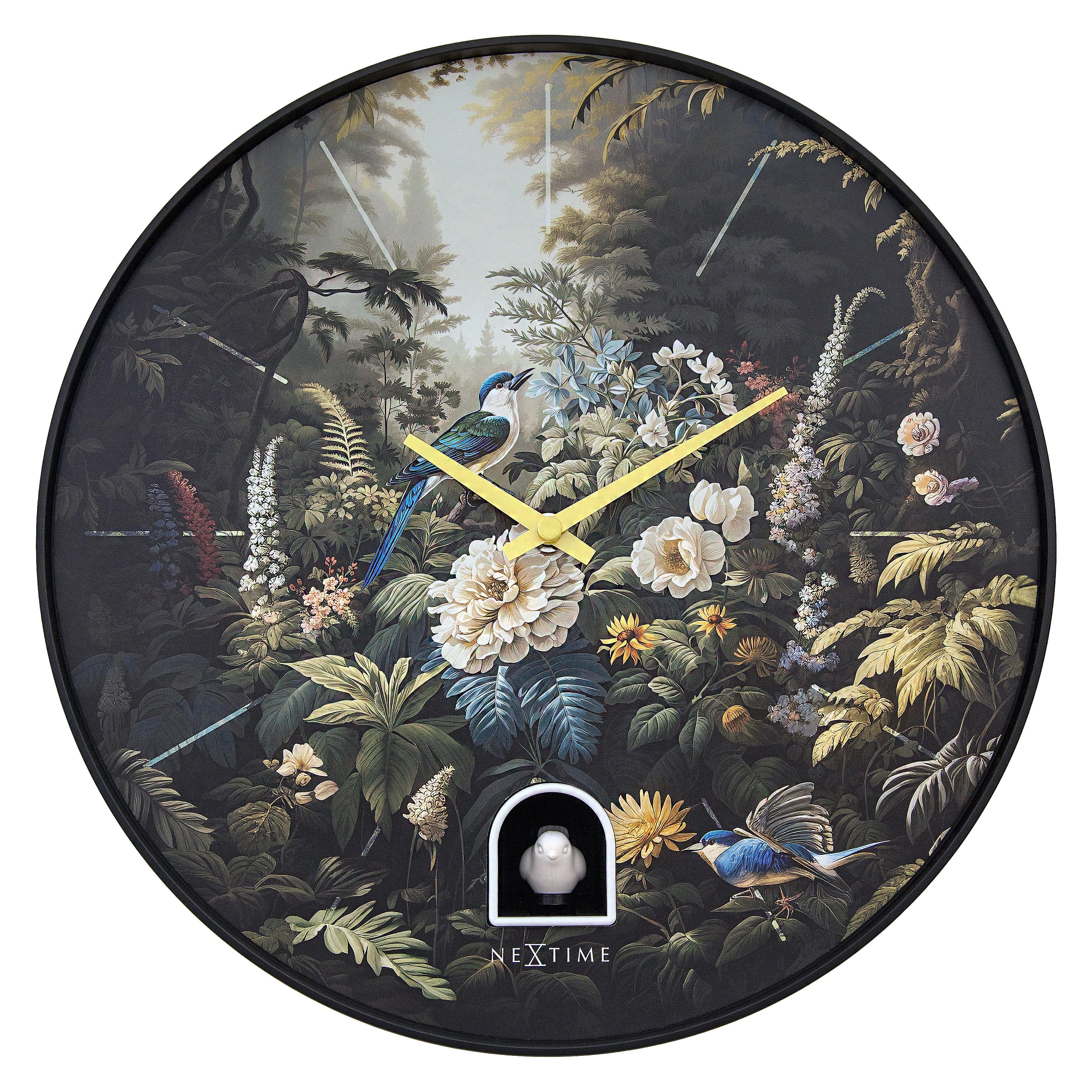 Black plastic wall clock with cuckoo bird and 30cm diameter, NeXtime Vanity Cuckoo design, featuring a modern and decorative style.